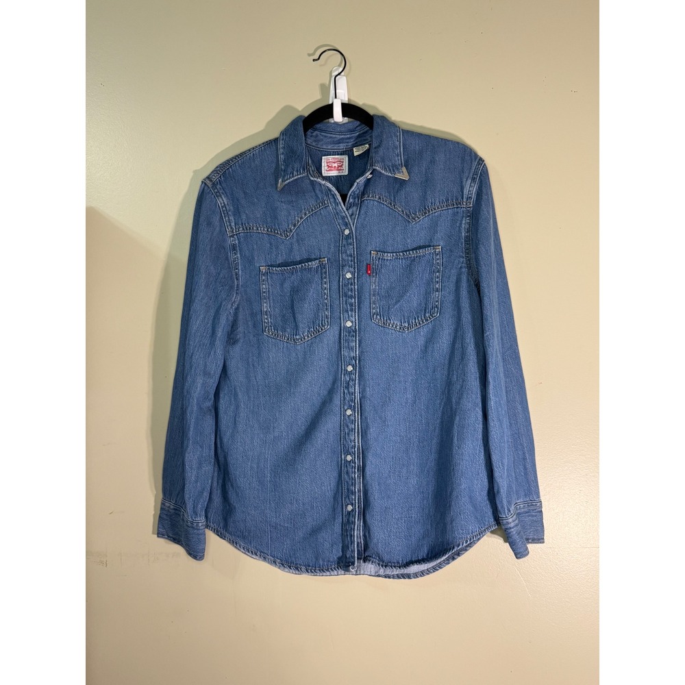 Levis Western Denim Shirt Womens XS Medium Wash Pearl Snap Lyocell Cotton Blend